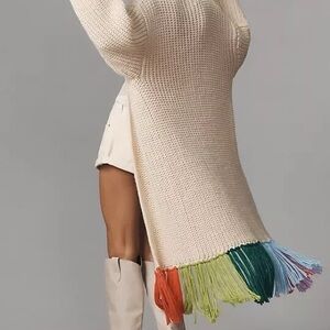 Anthropologie Cream Sweater with Multicolor Fringe